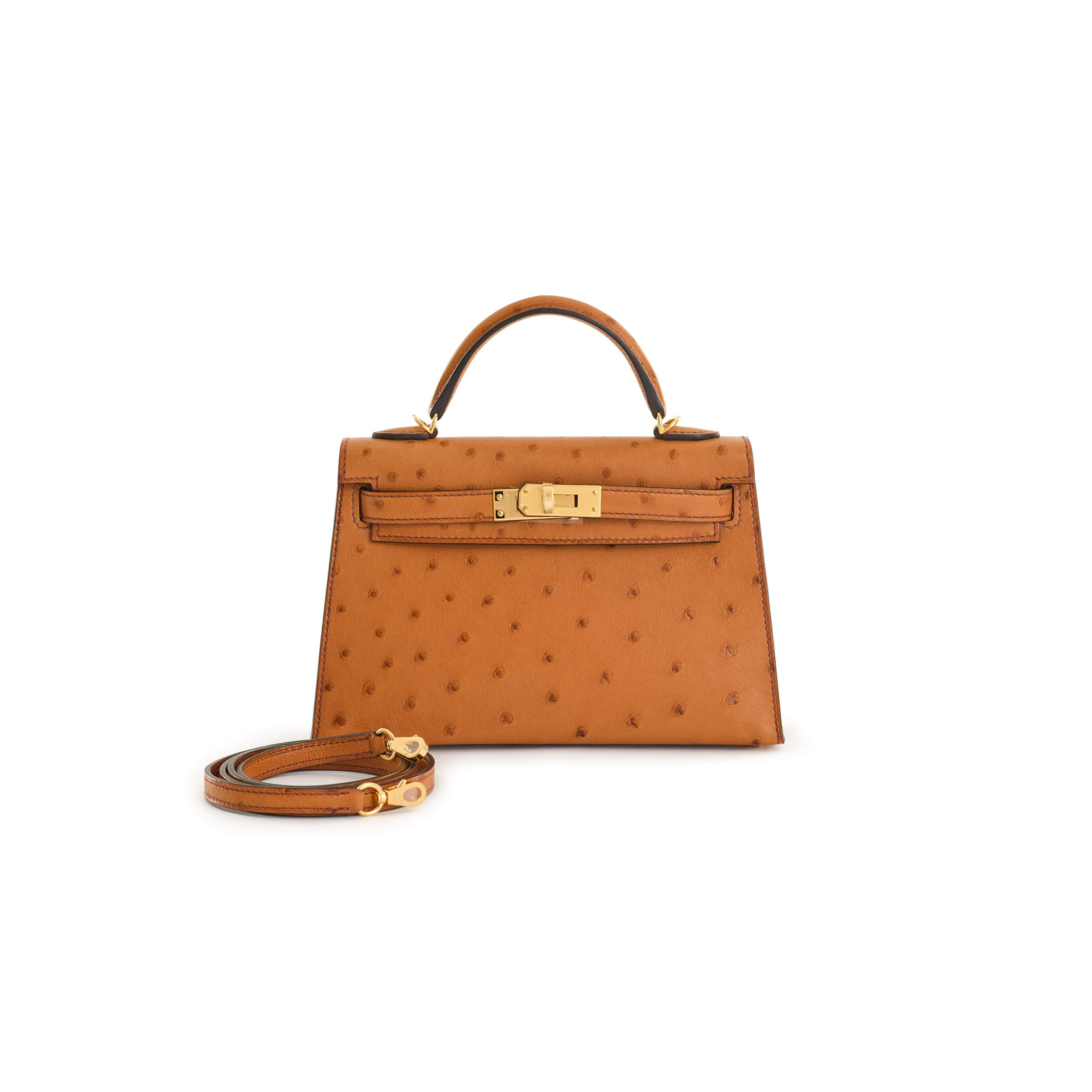 HERMÈS MASTER COGNAC OSTRICH MINI KELLY II GOLD HARDWARE (19*12*5.5cm)